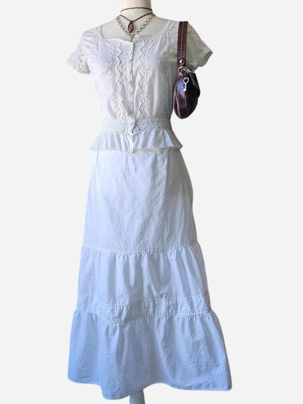 Y2k White Cotton Midi Maxi Tiered Skirt